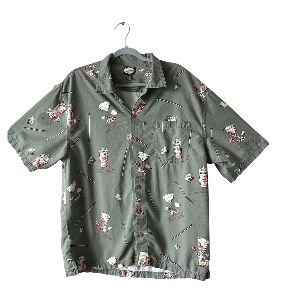 Tommy Bahama Mens Large Green Bahama Room Cocktail Recipe Print Camp Shirt